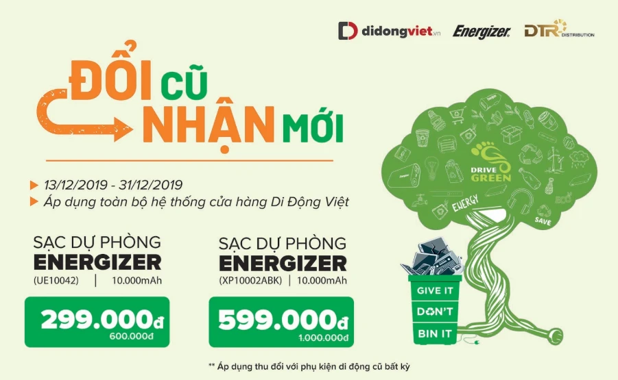 Thu phụ kiện cũ, đổi sạc dự phòng Energizer để bảo vệ môi trường cùng Di Động Việt