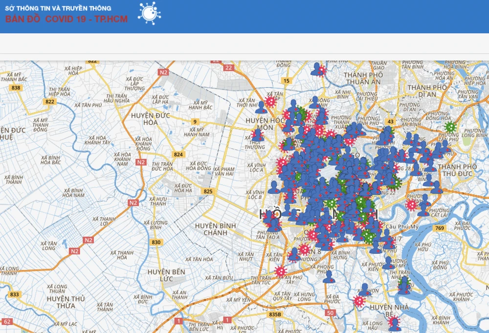 Ảnh chụp màn hình "Bản đồ hỗ trợ phòng chống dịch Covid-19" tại TPHCM