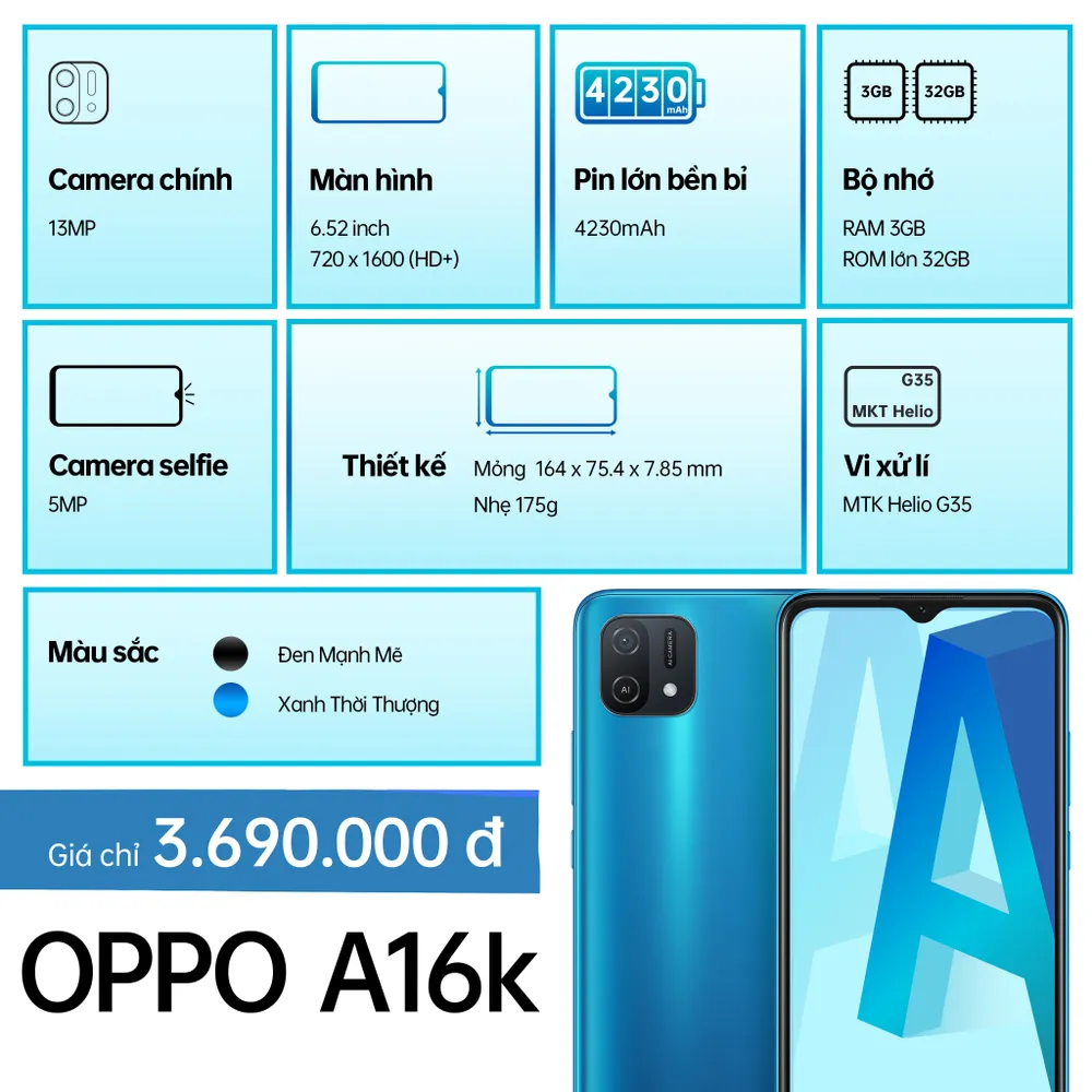 OPPO A16k thiết kế đẹp, pin lớn… giá chưa đến 3,7 triệu đồng ảnh 2 OPPO A16k thiết kế đẹp, pin lớn… giá chưa đến 3,7 triệu đồng ảnh 2