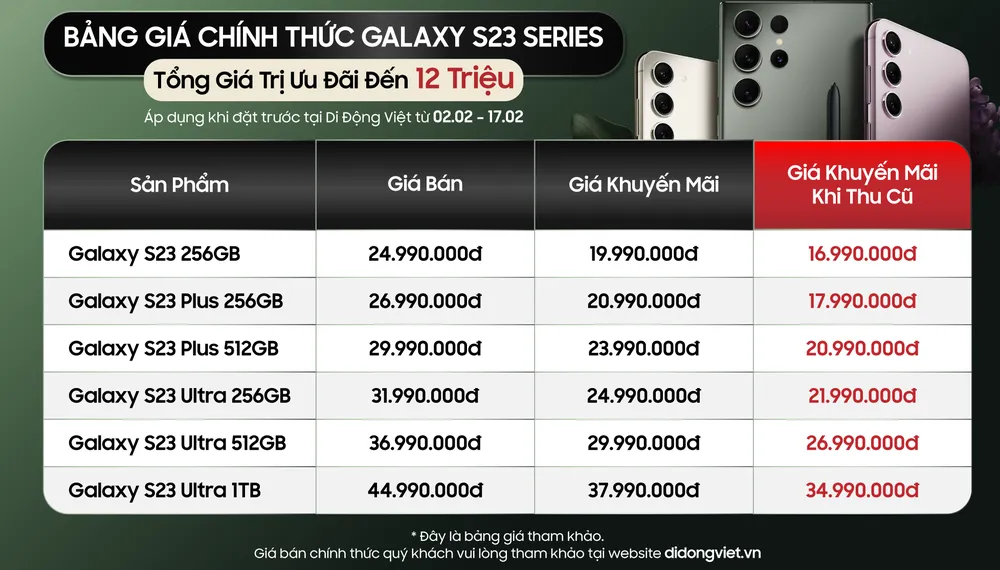 Bảng giá Galaxy S23 series khi người dùng đặt trước sản phẩm tại Di Động Việt Bảng giá Galaxy S23 series khi người dùng đặt trước sản phẩm tại Di Động Việt