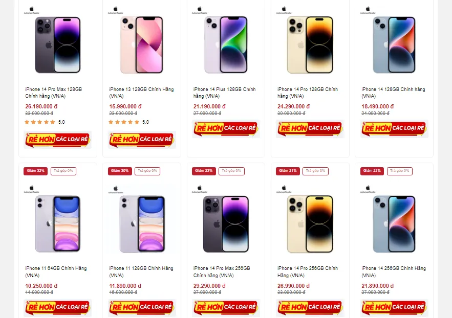 Bảng giá một vài model tại Di Động Việt đang có giá “Rẻ hơn các loại rẻ”