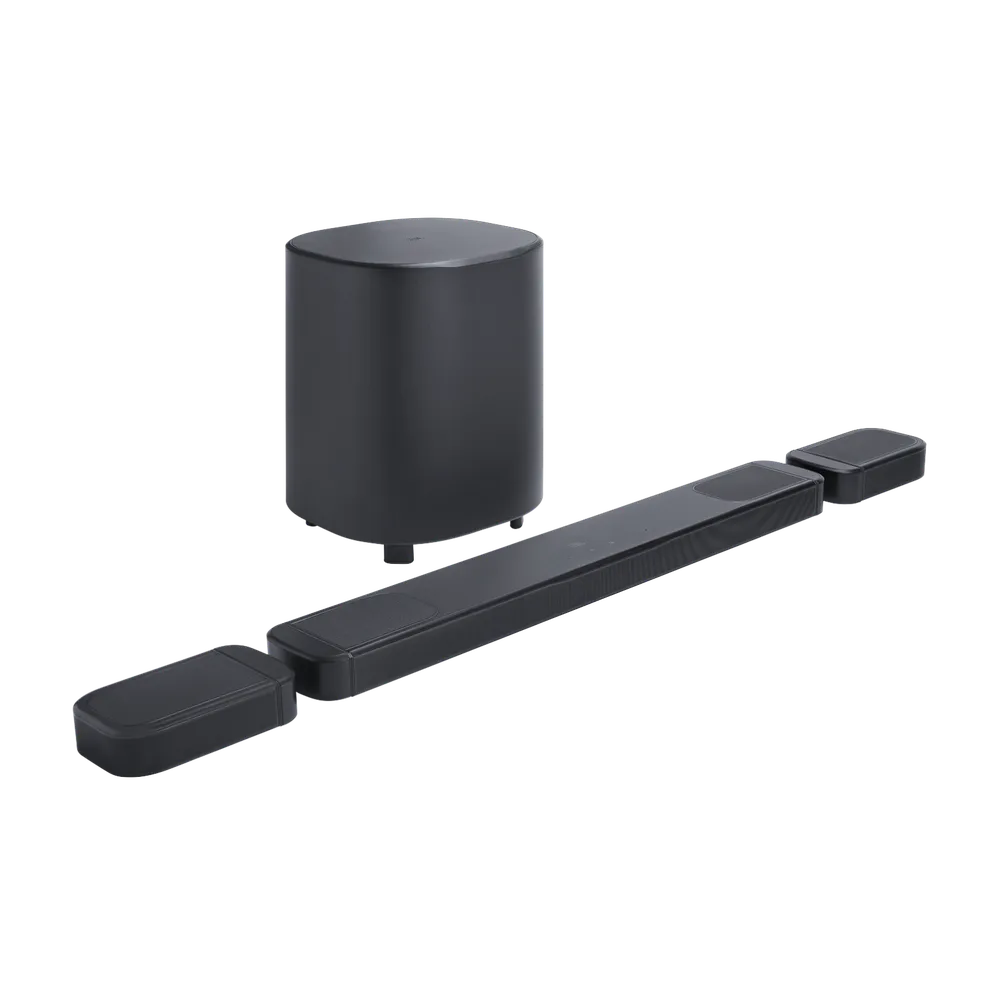 JBL Bar 1000MK2 verfügt über vier Deckenlautsprecher, einen 10-Zoll-Subwoofer und abnehmbare Surround-Lautsprecher JBL Bar 1000MK2 sở hữu bốn loa hướng trần, loa siêu trầm 10-inch và loa vòm có thể tháo rời