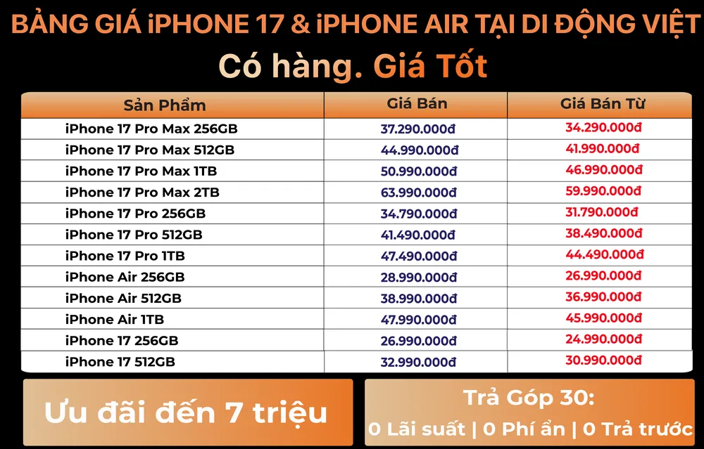 Bảng giá iPhone 17, iPhone Air mới nhất tại Di Động Việt. Di Động Việt - Bảng giá iPhone 17 iPhone Air 30.9.png