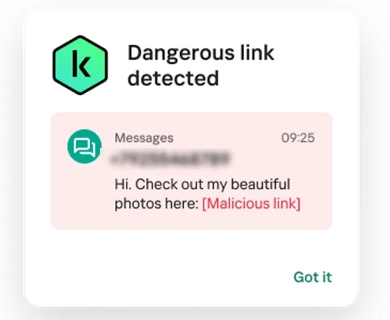 Một cảnh báo tin nhắn có liên kết lừa đảo khi người dùng nhận được thông báo (notification) trên điện thoại Kaspersky Android.jpg