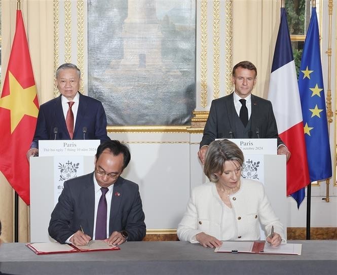 苏林同马克龙共同见证越法两国政府在教育培训领域的合作文件的签署。图自越通社
