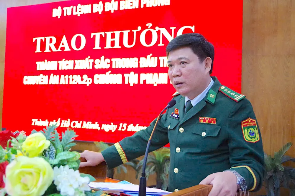 Đại tá Trần Thanh Đức, Chỉ huy trưởng Ban Chỉ huy Bộ đội biên phòng TPHCM phát biểu tại buổi trao thưởng. Ảnh: QUANG HUY 4.jpg