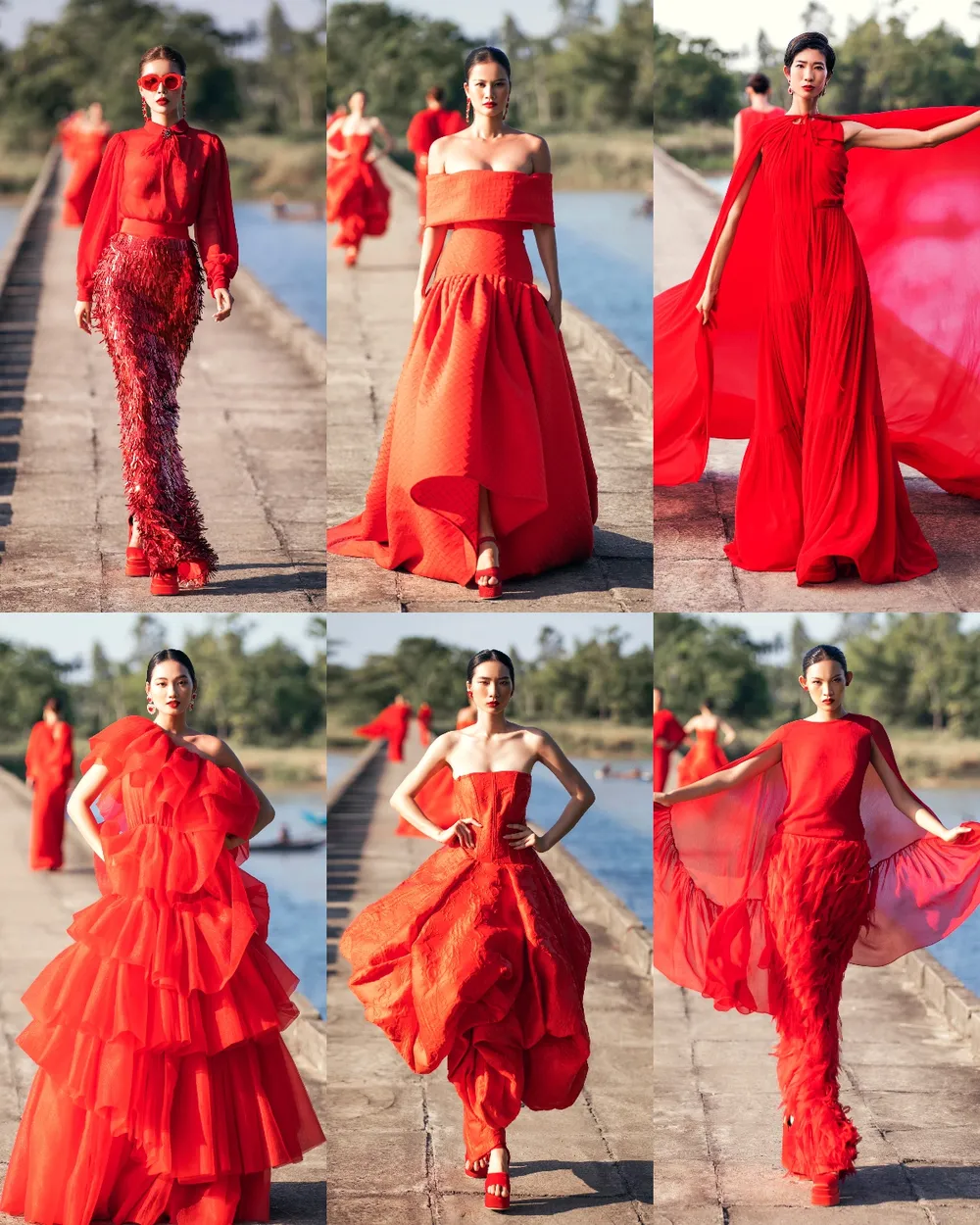 Lấy sắc đỏ phương Đông làm chủ đạo, bộ đôi VUNGOC&amp;SON sáng tạo trên các thiết kế đơn sắc bằng voan, tơ, lụa, taffeta… Bồng bềnh nữ tính, quyến rũ kiêu sa, hay nam tính mạnh mẽ đều được khắc hoạ đa dạng chỉ với sắc đỏ này.
