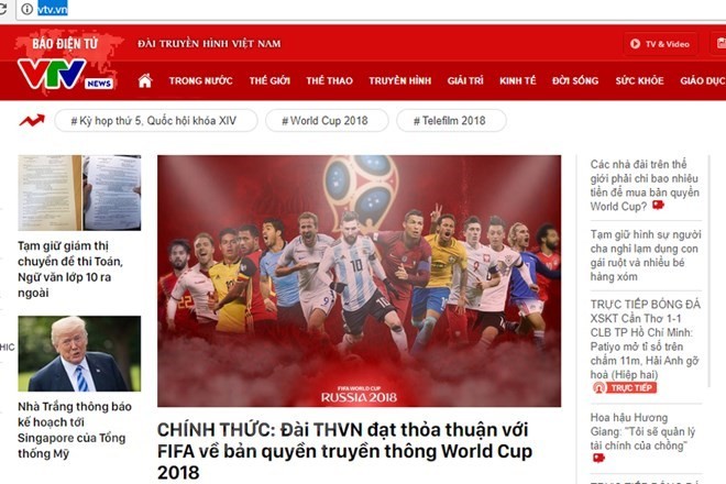 VTV announces the news on its website (Source: VNA)