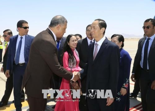 President Tran Dai Quang is welcomed at the airport by authorities of Luxor (Photo: VNA)