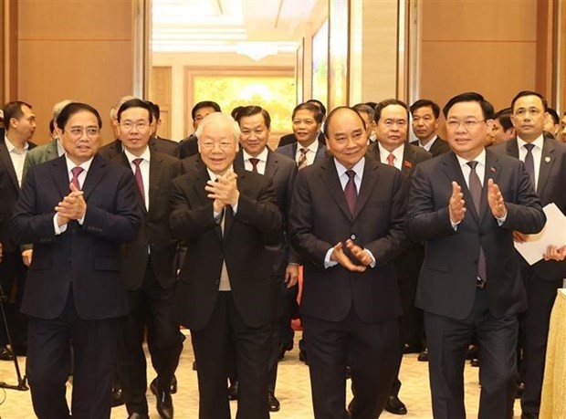 Party and State leaders arrive at the conference. (Photo: VNA)