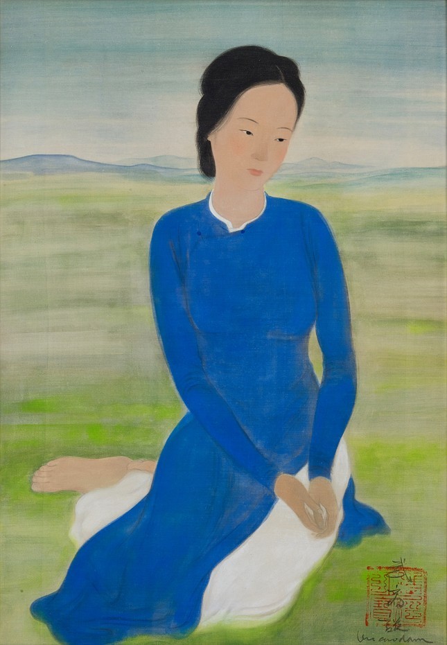 The ink and gouache on silk painting titled Jeune Fille en Bleu (Young Lady in Blue) by painter Vu Cao Dam