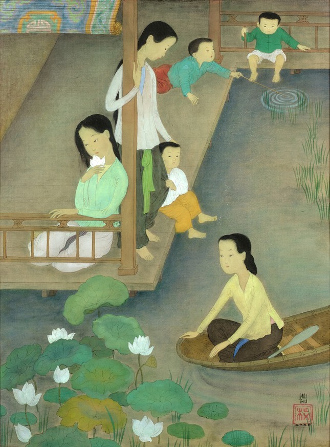 The artwork, ink and gouache on silk themed Femmes et enfants au bord de la rivière (Women and Children by the riverfront) by Mai Trung Thu