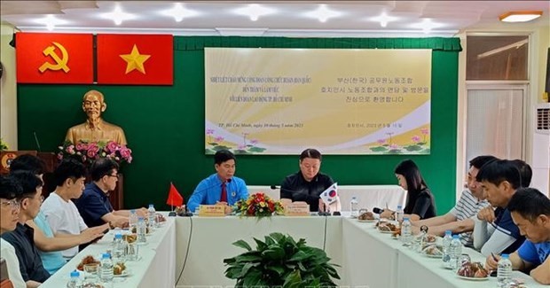 The meeting between the HCMC Labor Federation and the Republic of Korea’s Busan Metropolitan City Civil Service Labour Union on May 10. (Photo: VNA) The meeting between the HCMC Labor Federation and the Republic of Korea’s Busan Metropolitan City Civil Service Labour Union on May 10. (Photo: VNA)