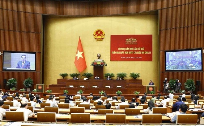 An overview of the first national conference on the enforcement of laws and resolutions of the 15th legislature. (Photo: VNA) na-1-1-8606.jpg