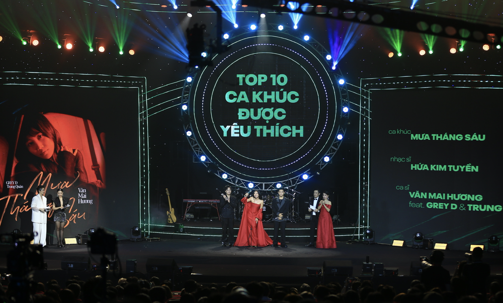 Musician Hua Kim Tuyem singers Van Mai Huong, Grey D and Trung Quan Idol receive the "Top 10 songs of the year" award for the song Mua Thang Sau (Raining in June). (Photo: SGGP) anh-chup-man-hinh-2024-01-25-luc-065956-6162png-61.png