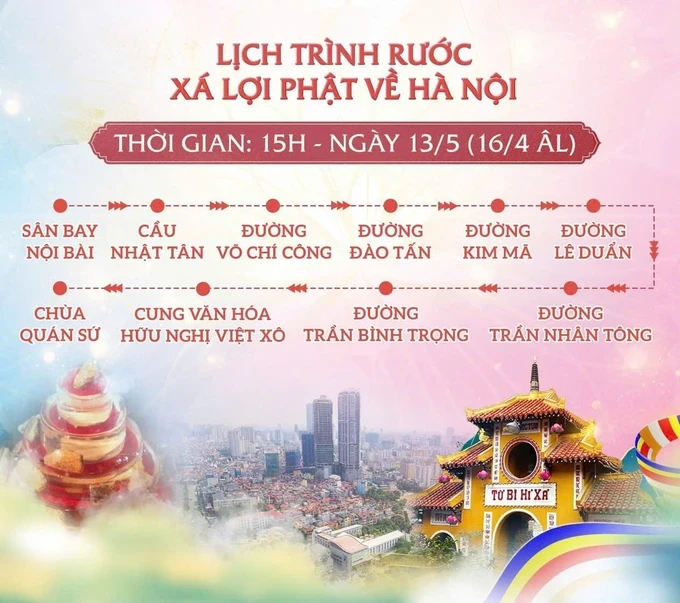 At around 3 p.m. on May 13, the Buddha’s relics will arrive at Noi Bai International Airport and be transferred to Quan Su pagoda. aee44a5fd9c96b9732d8-174-9154.jpg