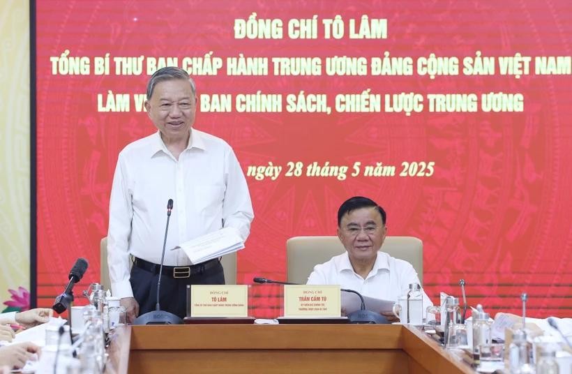 Party General Secretary To Lam speaks at his working session with the Party Central Committee's Commission for Policies and Strategies in Hanoi on May 28. (Photo: VNA) to-lam.jpg