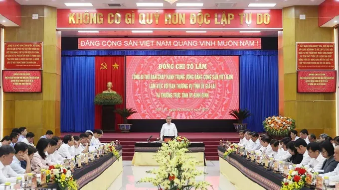 At the meeting (Photo: VNA) tong-bi-thu-to-lam-lam-viec-voi-ban-thuong-vu-tinh-uy-gia-lai-va-thuong-truc-tinh-uy-binh-dinh-0206-4-6372-439.jpg