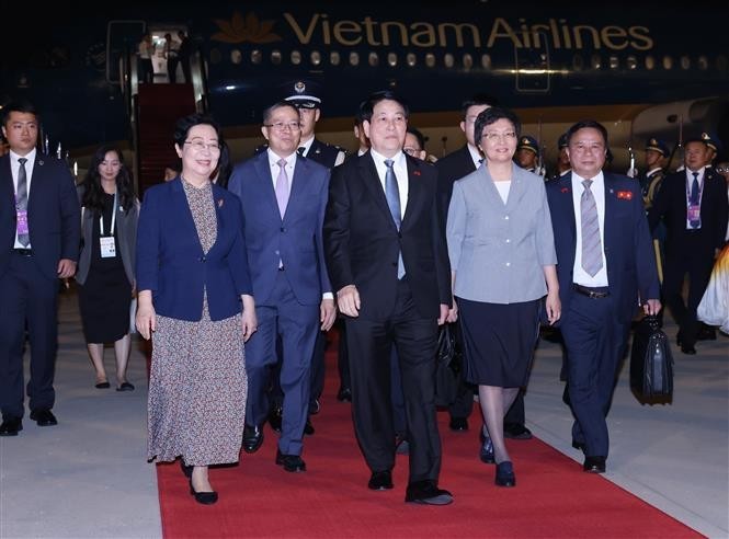 State President Luong Cuong (C) is welcomed at Beijing airport on September 2 evening. (Photo: VNA) luong-cuong-2.jpg