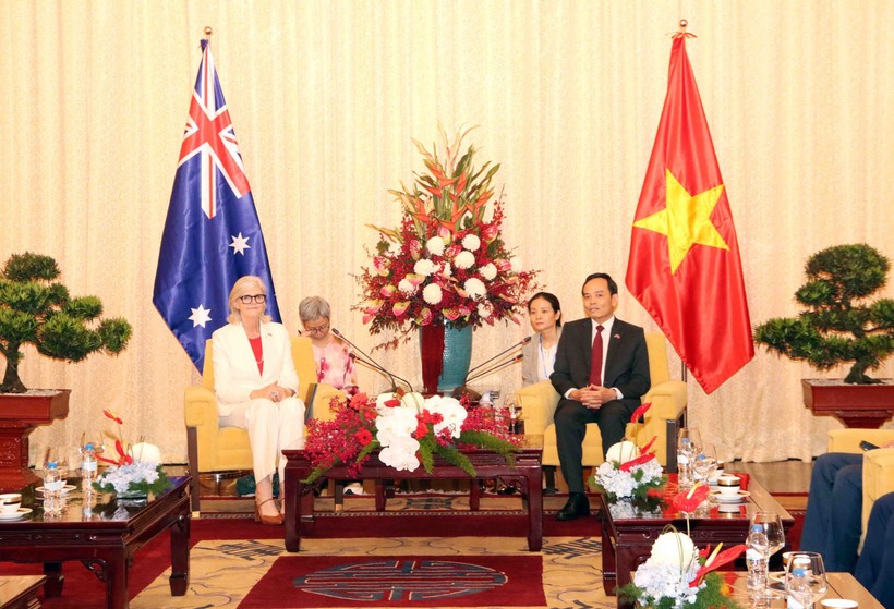 Secretary of the municipal Party Committee Tran Luu Quang (R) meets with Governor-General of Australia Sam Mostyn on September 12. (Photo: VNA) vna-potal-lanh-dao-tp-ho-chi-minh-hoi-kien-toan-quyen-australia-8271288.jpg
