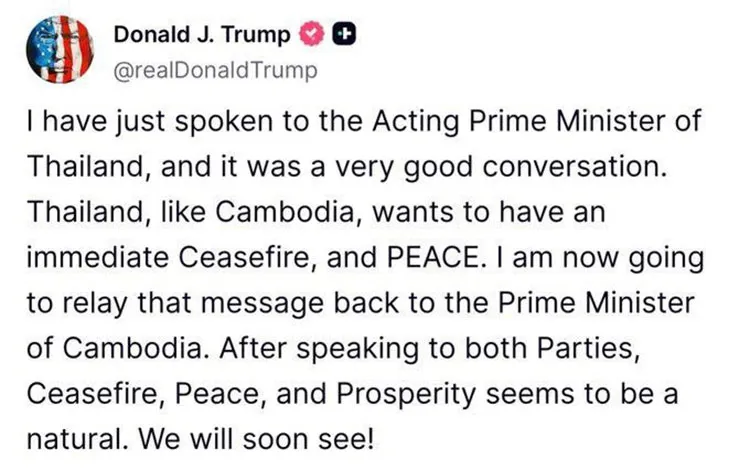 Một đoạn viết trên mạng Truth Social của Tổng thống Mỹ Donald Trump về ngừng bắn giữa Thái Lan và Campuchia Trump.jpg