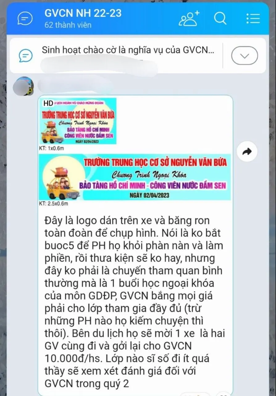 Hình chụp màn hình có nội dung tin nhắn của Hiệu trưởng Trường THCS Nguyễn Văn Bứa Hình chụp màn hình có nội dung tin nhắn của Hiệu trưởng Trường THCS Nguyễn Văn Bứa