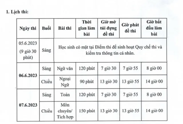 Lịch thi tuyển sinh vào lớp 10 của Trường THPT chuyên Lê Hồng Phong