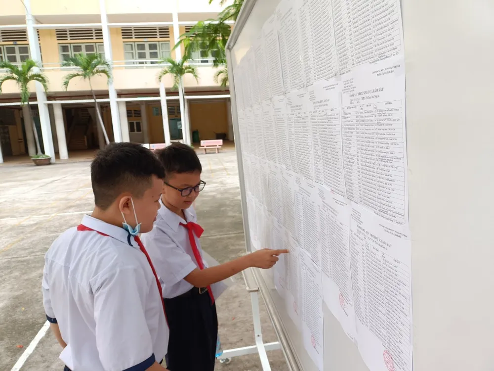 Thí sinh tranh thủ xem lại sơ đồ phòng thi trước khi bước vào giờ làm bài khảo sát Thí sinh tranh thủ xem lại sơ đồ phòng thi trước khi bước vào giờ làm bài khảo sát