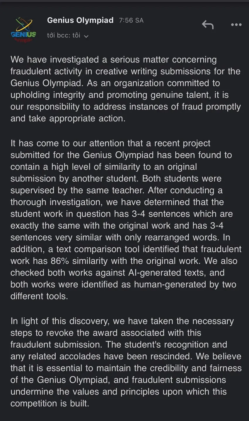 Thông tin phản hồi từ ban tổ chức cuộc thi Genius Olympiad năm 2023 gửi cho học sinh M.C