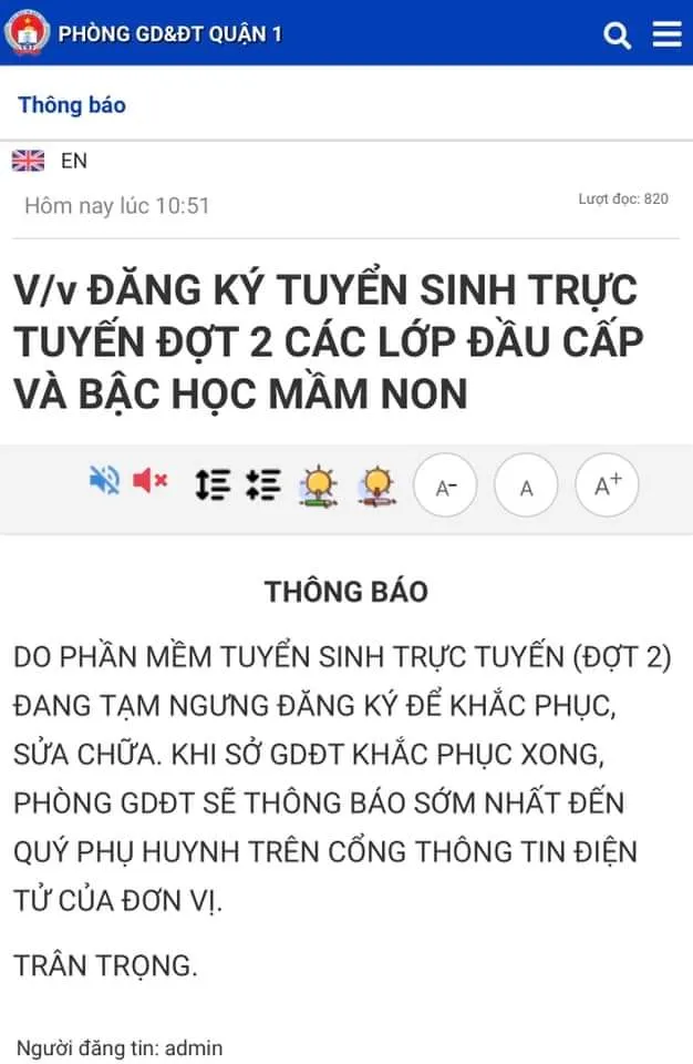 Thông báo của phòng GD-ĐT quận 1 vào trưa 20-7 Thông báo của phòng GD-ĐT quận 1 vào trưa 20-7