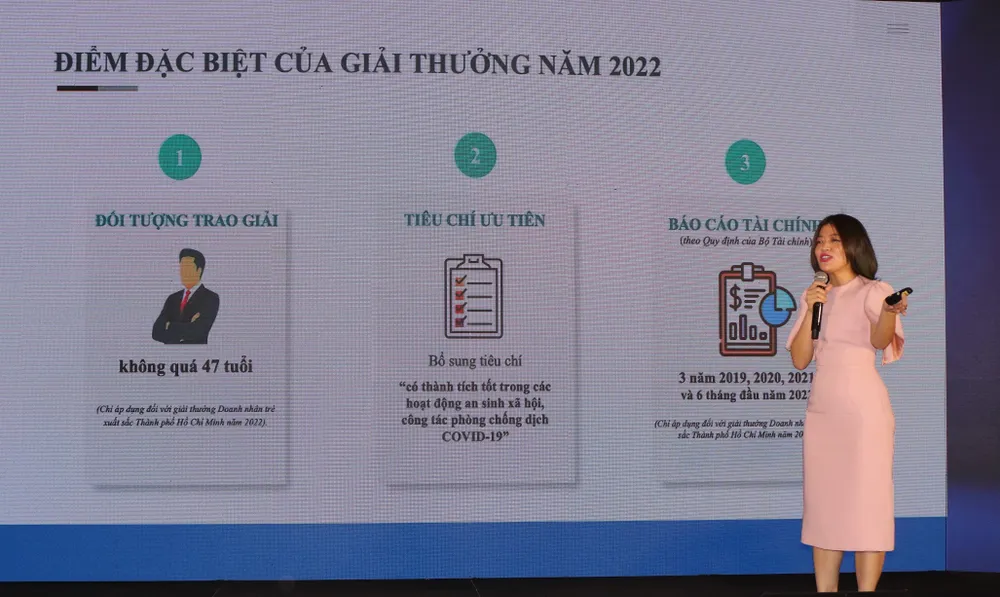 Phó Chủ tịch Hội Doanh nhân trẻ TPHCM Trương Lý Hoàng Phi giới thiệu về tiêu chí xét chọn giải thưởng năm nay