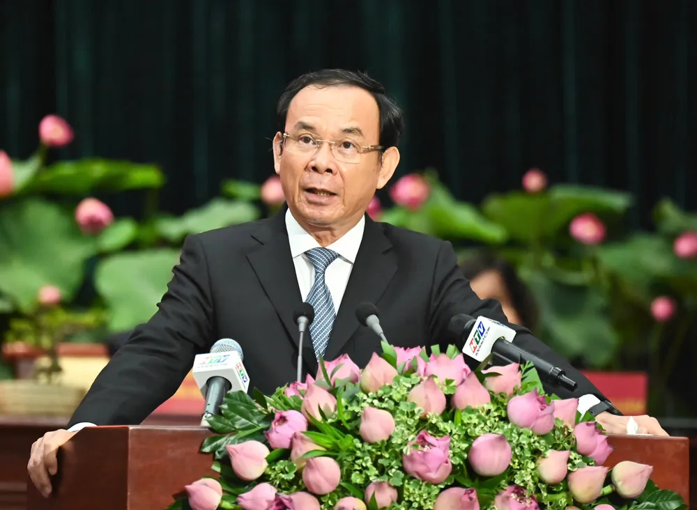 Bí thư Thành ủy TPHCM Nguyễn Văn Nên phát biểu chỉ đạo tại phiên trọng thể Đại hội đại biểu MTTQ Việt Nam TPHCM nhiệm kỳ 2024-2029. Ảnh: VIỆT DŨNG Anh 5.jpg