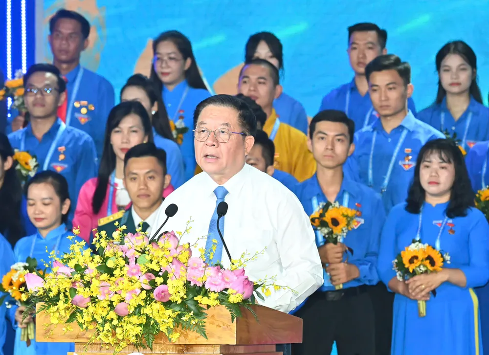 Đồng chí Nguyễn Trọng Nghĩa, Ủy viên Bộ Chính trị, Bí thư Trung ương Đảng, Trưởng Ban Tuyên giáo và Dân vận Trung ương phát biểu tại đại hội. Ảnh VIỆT DŨNG TD 14.jpg