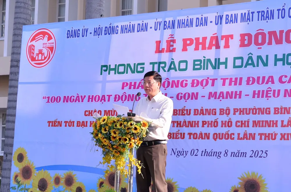 Bí thư Đảng ủy, Chủ tịch HĐND phường Bình Thạnh Vũ Ngọc Tuất phát biểu tại lễ phát động BT 1.jpg