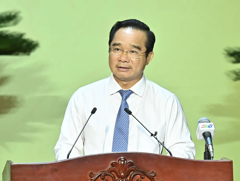 Đồng chí Nguyễn Văn Được phát động phong trào thi đua yêu nước TPHCM lần thứ I, giai đoạn 2025-2030. Ảnh: VIỆT DŨNG Hinh VD 4.jpg