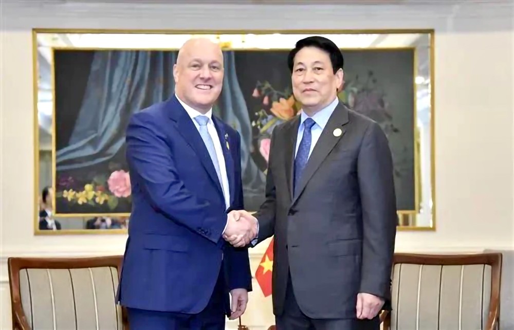 越南国家主席梁强(右)会见新西兰总理克里斯托弗·卢克森。