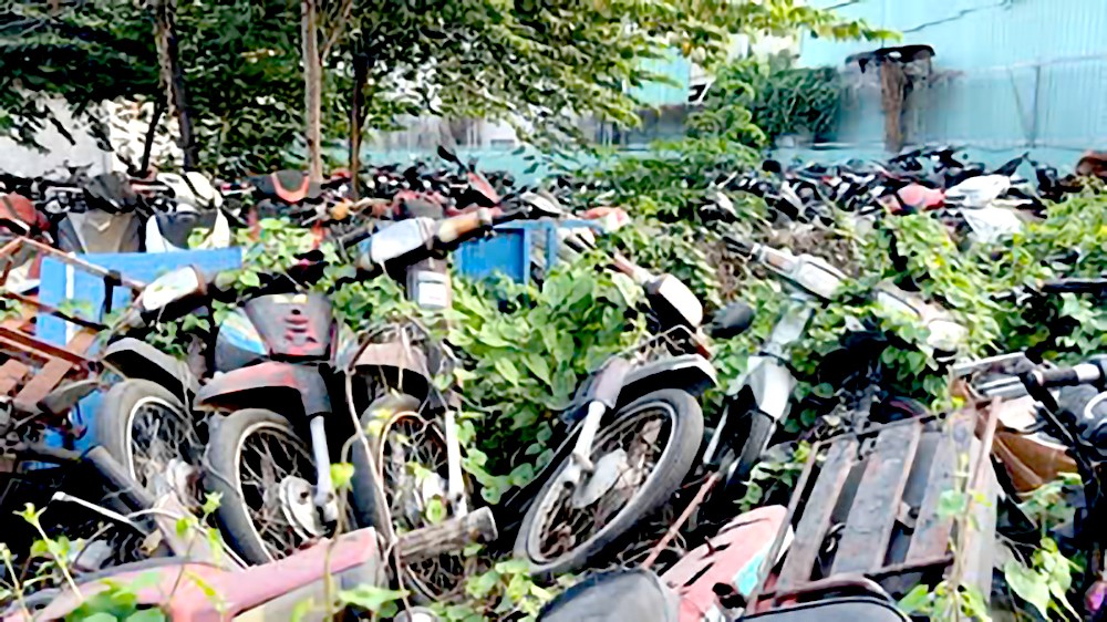 胡志明市第七郡阮文葵街一个存车场堆积许多被扣押的车辆。