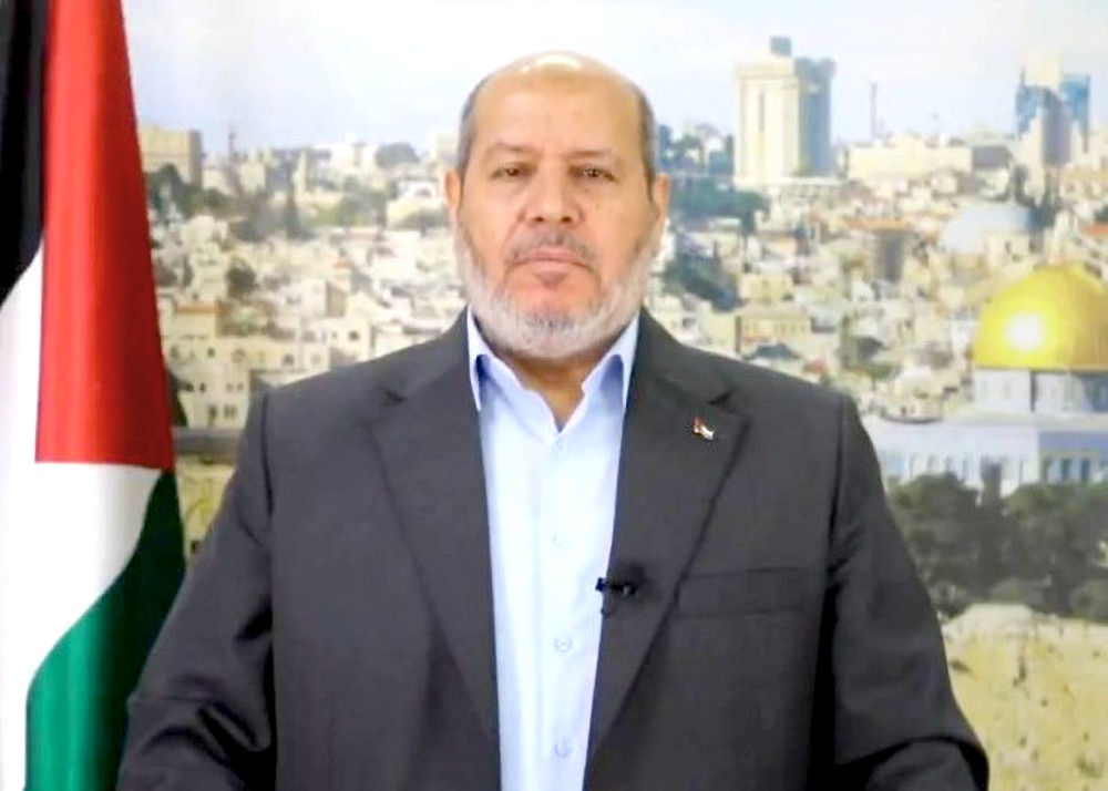 哈马斯高级官员哈亚发表电视讲话。