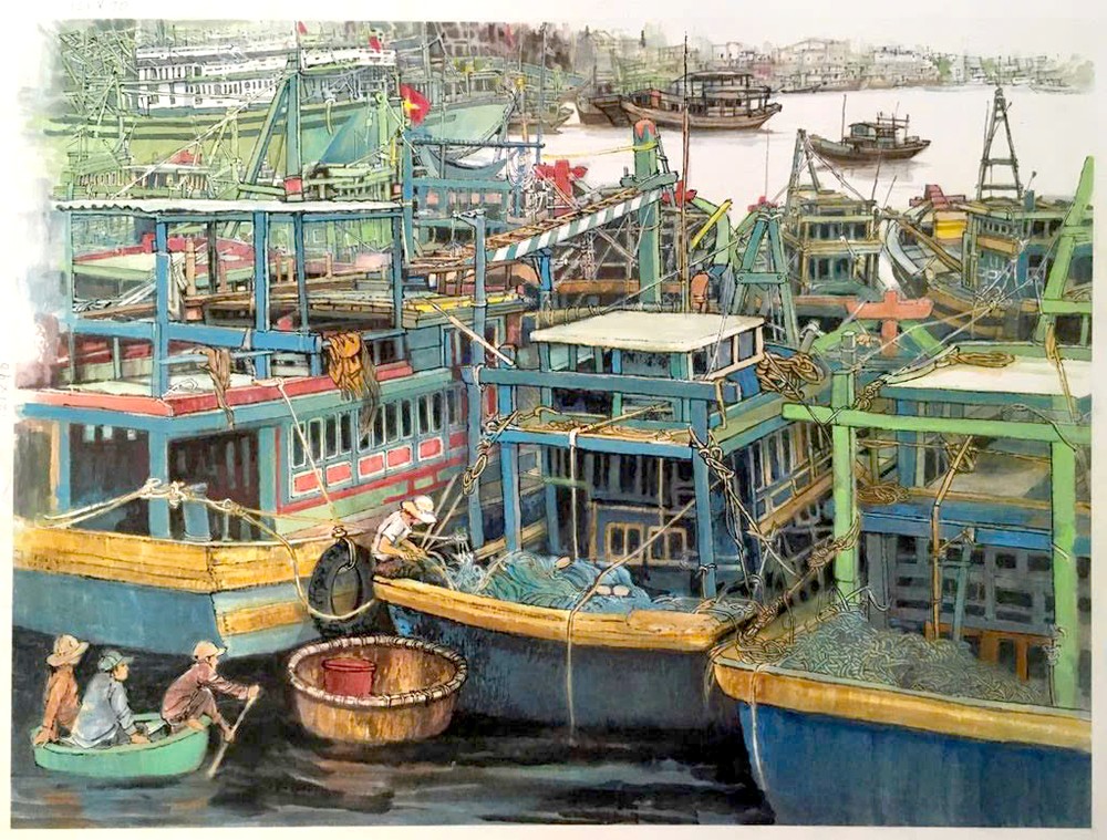 人民艺人张路画作《避风暴、蓄锐气、渔港待发、满戴而归》。