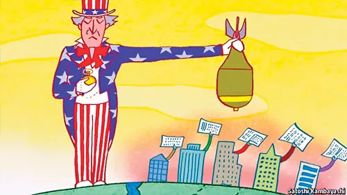 Biếm họa Hoa Kỳ dọa “bỏ bom FATCA” các định chế tài chính.