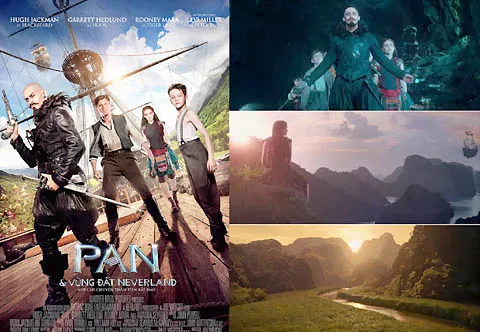 Poster phim "PAN" với bốn diễn viên chính (từ trái sang) là Hugh Jackman, Garrett Hedlund, Rooney Mara và Levi Miller cùng 3 điểm đến tại Việt Nam xuất hiện trong phim (từ trên xuống): Hang Én, Vịnh Hạ Long và Ninh Bình. Poster phim "PAN" với bốn diễn viên chính (từ trái sang) là Hugh Jackman, Garrett Hedlund, Rooney Mara và Levi Miller cùng 3 điểm đến tại Việt Nam xuất hiện trong phim (từ trên xuống): Hang Én, Vịnh Hạ Long và Ninh Bình.