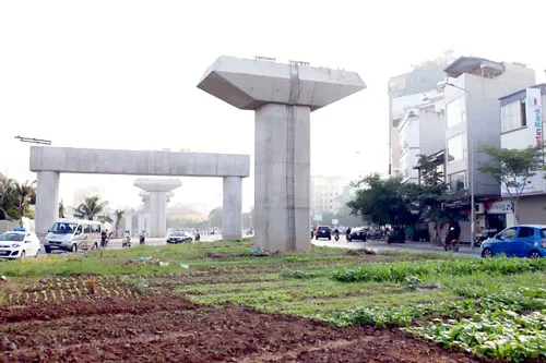 Dải phân cách của công trình được người dân tranh thủ trồng rau, tập kết vật liệu xây dựng.