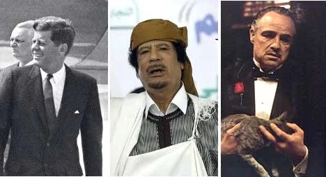 Các khách hàng lớn của tú bà Claude từ trái qua: TT John F Kennedy, Đại tá Gaddafi và ngôi sao đoạt giải Oscar Marlon Brando.