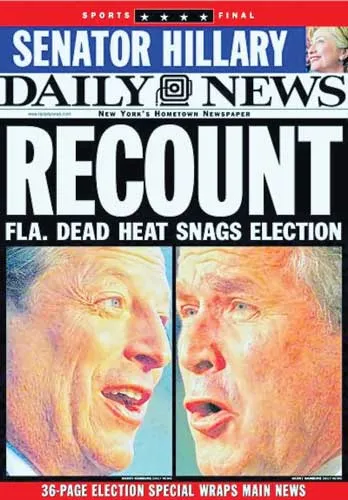 Tình trạng giằng co của cuộc bầu cử năm 2000 được phản ảnh trên trang bìa hầu hết các tờ báo.