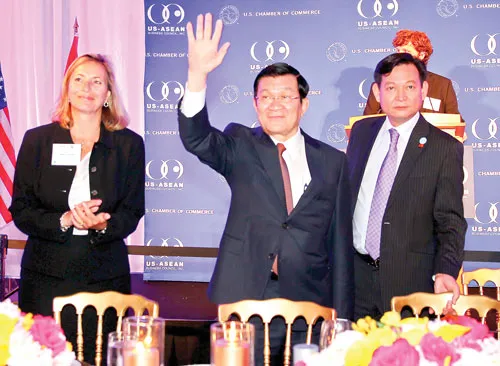 Chủ tịch nước Trương Tấn Sang tại buổi chiêu đãi của các doanh nghiệp Hoa Kỳ tối 24-7. Ảnh: Giản Thanh Sơn