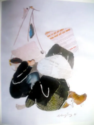 Chợ - tranh dán giấy Trần Trung Sáng.