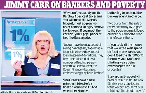 Jimmy Carr từng nổi tiếng với bài đả kích hệ thống né thuế 1% của Barclays.