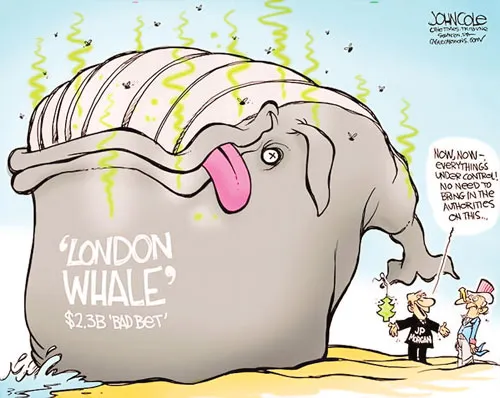 Biếm họa về bê bối “Cá voi London”. Minh họa: Allvoices.com Biếm họa về bê bối “Cá voi London”. Minh họa: Allvoices.com