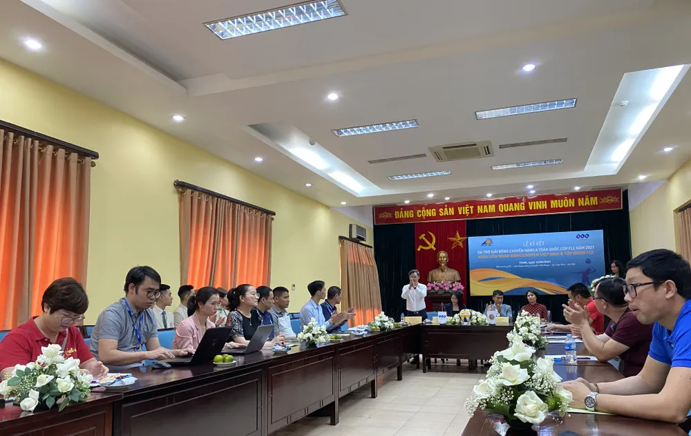 Họp báo giải bóng chuyền hạng A năm 2021. Ảnh: MINH CHIẾN