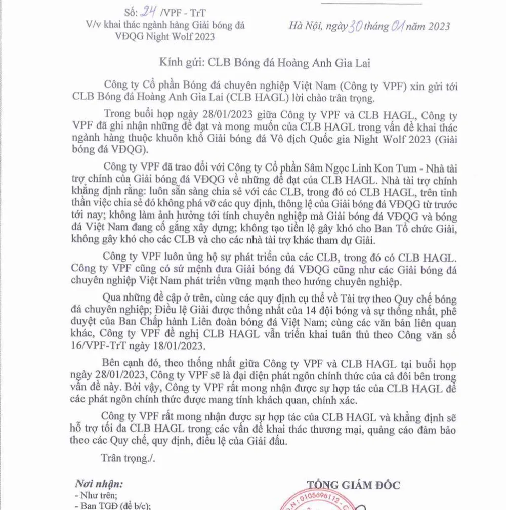 Công văn được VPF gởi đến CLB HAGL vào ngày 30-1